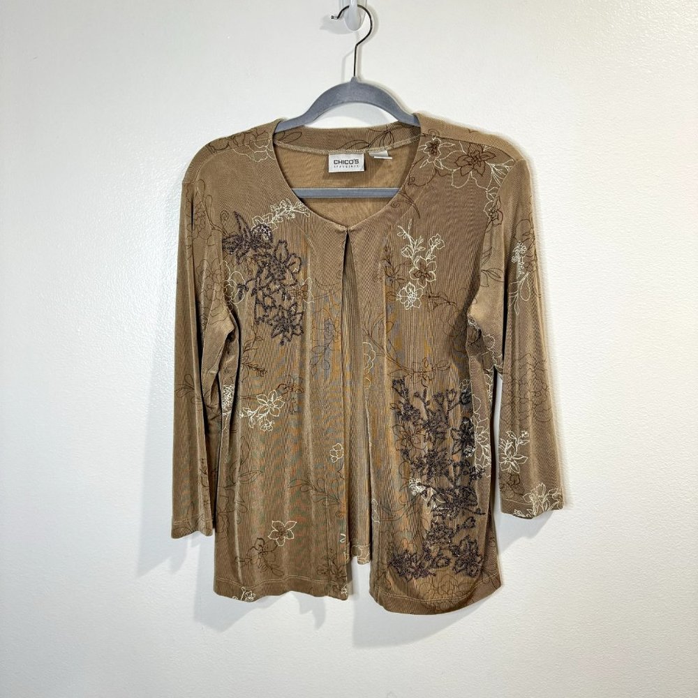 Chico's Travelers Beaded Cardigan Sweater Size 1 / Medium Liquid Slinky Knit Tan